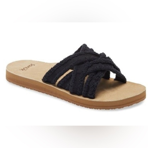 Sanuk Black and Tan Fraidy Slide Sandals with Cross-Strap Design various sizes - Picture 2 of 6